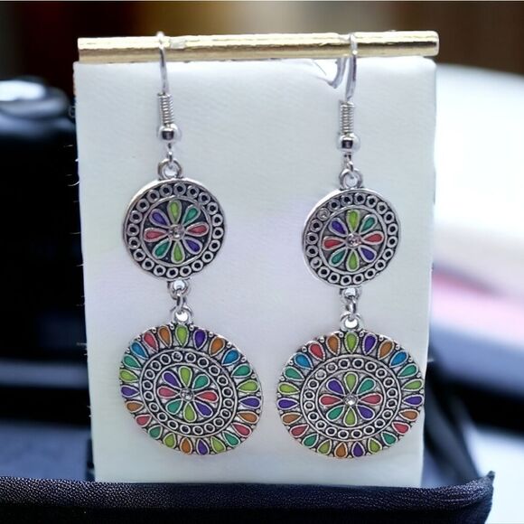 Boho Rainbow Double Mandala Round Dangle Drop Earrings Ethnic Tribal Jewelry - Picture 7 of 7